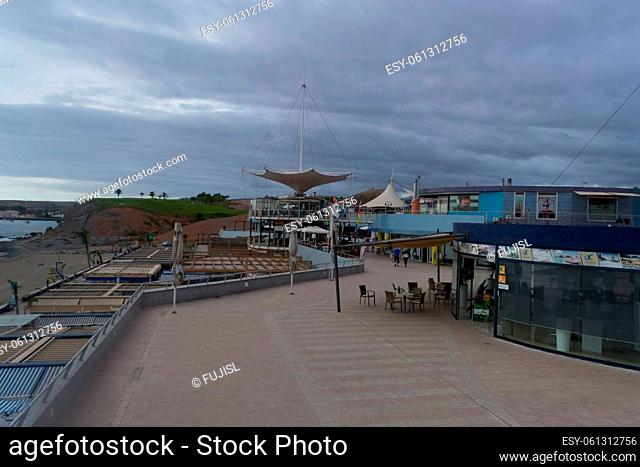 CRAN CANARIA, MELONERAS - NOVEMBER 14, 2019:.Bars and restaurants on the coast of Las Canteras beach in the city of Las Palmas