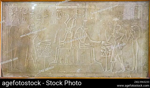 Cairo, Egyptian Museum, double scene on a lintel, Pedeamun and his wife Tay workshipping Anubis and Osiris