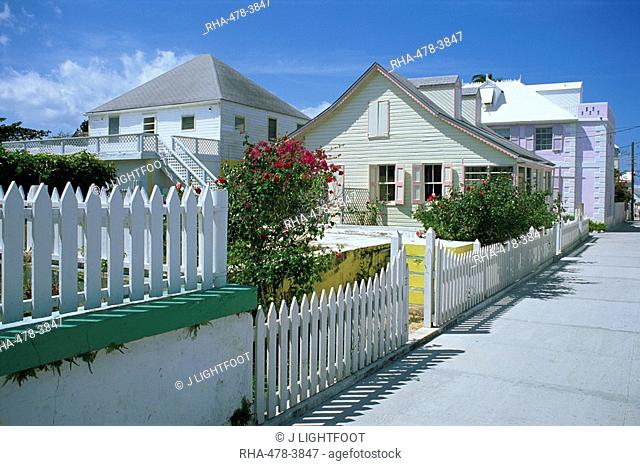 Quiet street scene and houses, New Plymouth, Green Turtle Cay, Bahamas, West Indies, Central America