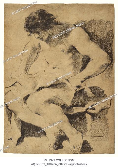 Study of a Seated Young Man; Guercino (Giovanni Francesco Barbieri) (Italian (Bolognese), 1591 - 1666); Italy; about 1619; Black chalk dipped in gum