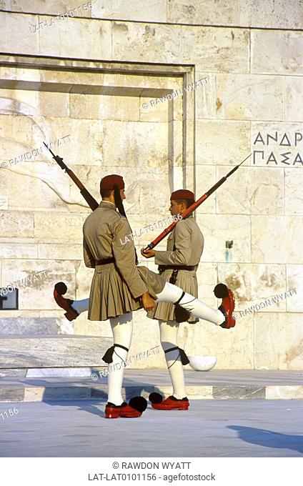 Syntagma, Syndagma square. Evzones soldier, guards. Marching with rifles