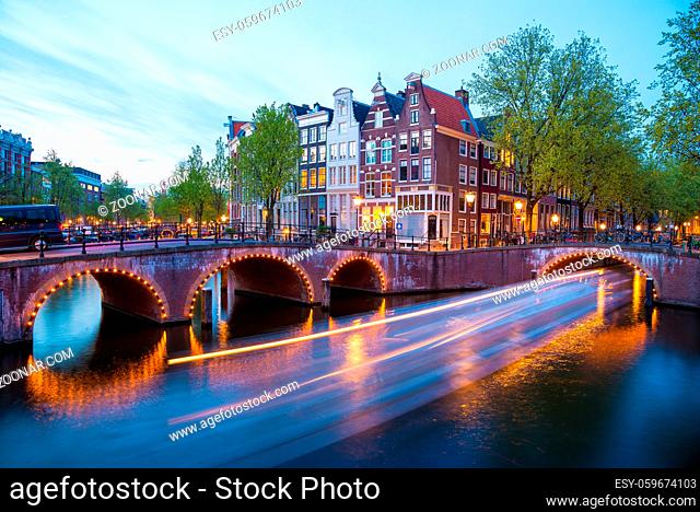 Amsterdam Canal and Light Trails of a Vessel, The Netherlands