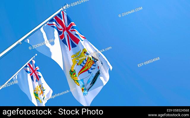 3D rendering of the national flag of British Antarctic Territory waving in the wind against a blue sky