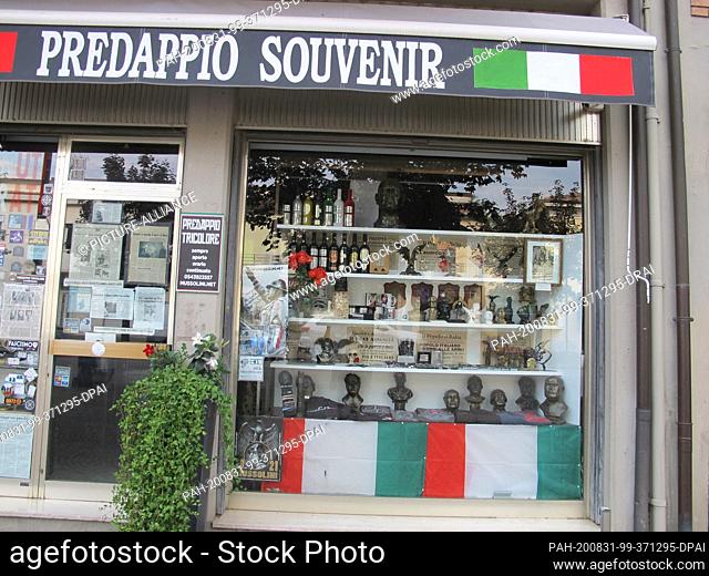 12 August 2020, Italy, Predappio: In Benito Mussolin's birthplace Predappio in the Emilia-Romagna region, several shops sell dictatorial devotional objects
