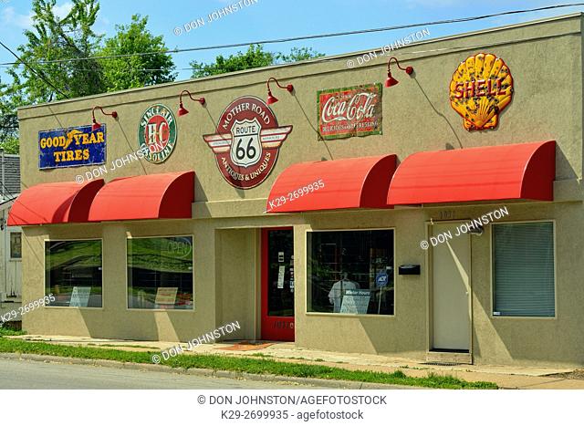 Historic logos on a storefront, Springfield, Missouri, USA