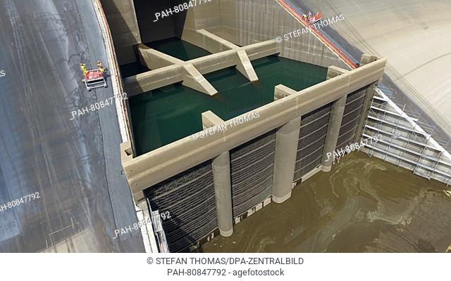 The freshly sealed side walls of the upper basin of the pump storage Goildisthal, Germany, 27 May 2016. A so-called Mastix protection layer is applied to 335
