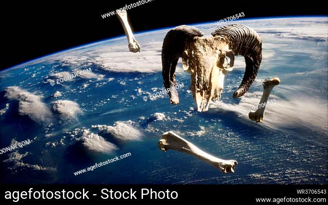 rams skull with bones at Earth orbit. elements furnished by Nasa