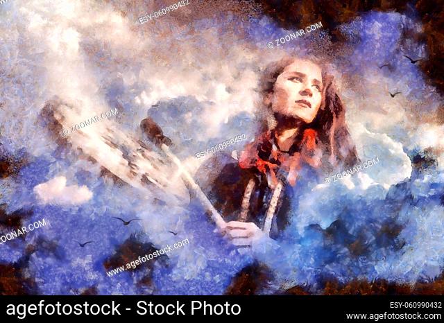 shamanic girl with frame drum in cloud