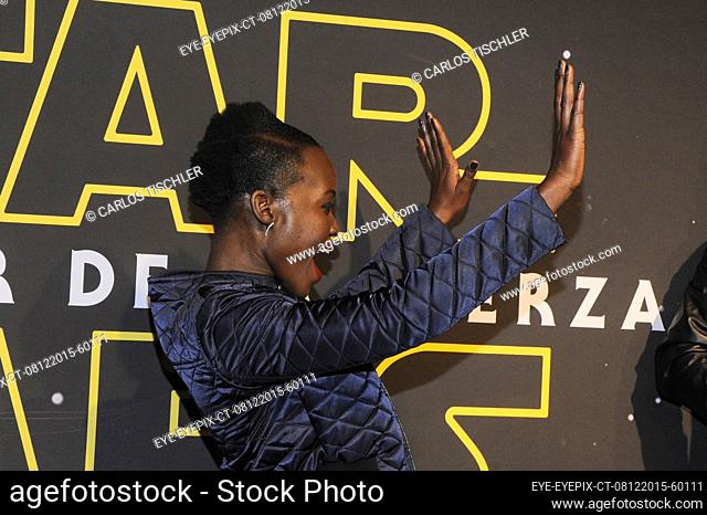 MEXICO CITY, MEXICO - DECEMBER 8, 2015: Lupita Nyong'o arrives at black carpet of 'Star Wars: Episode VII - The Force Awakens' Fan Event at Cinepolis Antara on...