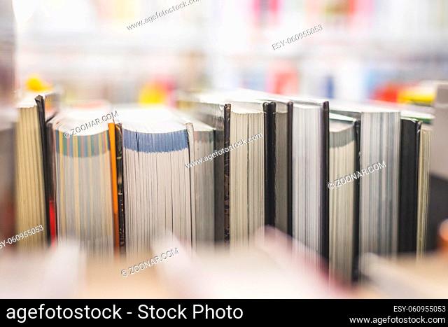 Close up picture of a variety of books in the public library