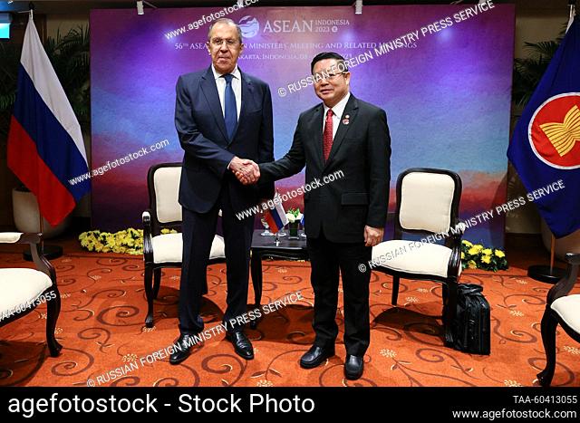 INDONESIA, JAKARTA - JULY 12, 2023: Russia's Foreign Minister Sergei Lavrov (L) and Secretary-General of the Association of Southeast Asian Nations (ASEAN) Kao...