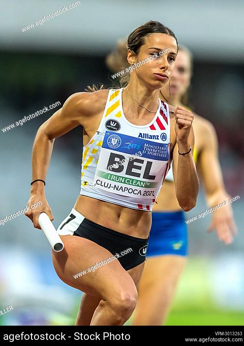 Belgian Camille Laus pictured in action during the women's 4x400m relay, at the second day of the European Athletics Team Championships First League athletics...