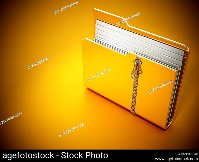 Zipped folder standing on yellow background. 3D illustration