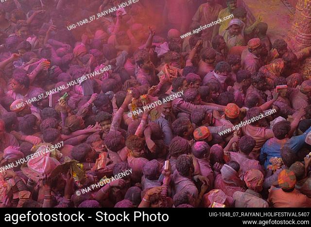General view crowded during the Hindu Holi Festival in banke bihari temple vrindavan, India, on March 20, 2019. The Hindu Holi Festival takes place in India
