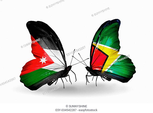 Two butterflies with flags on wings as symbol of relations Jordan and Guyana