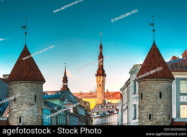 Tallinn, Estonia. Famous Landmarks Viru Gate And Town Hall On Background. Old Town. Popular Touristic Place. UESCO world heritage site
