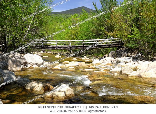 North Fork junction footbridge, which crosses the East Branch of the Pemigewasset River along the Thoreau Falls Trail in Pemigewasset Wilderness of Lincoln
