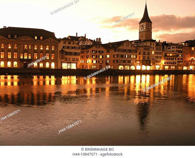 Switzerland, Europe, Zurich city, town, Zurich, St. Peter church, tower, old town, historic, evening, sky, dusk, twili
