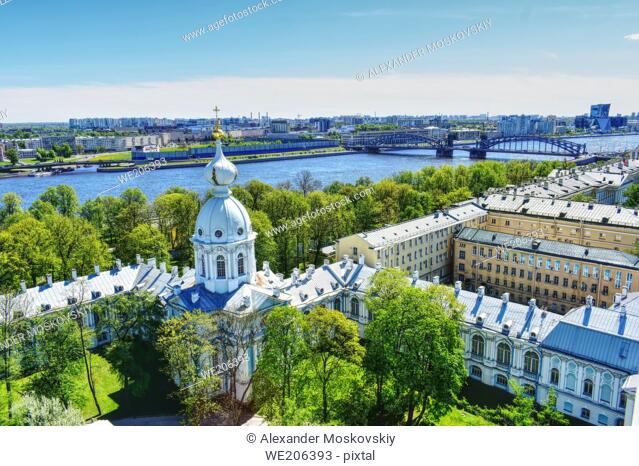 Aerial panorama. Neva river and Smolny Cathedral. Saint Petersburg Russia