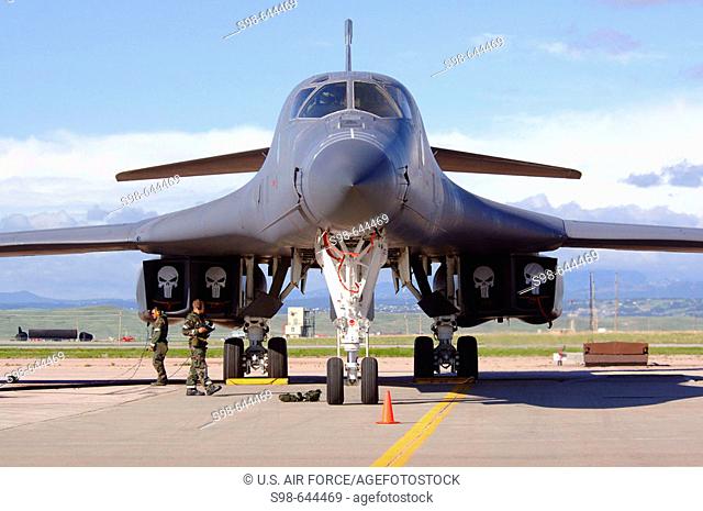 A 37th Bomb Squadron B-1b Lancer awaits pre-flight inspections at Ellsworth Air Force Base, S.D., May 23, 2006. Ellsworth is conducting a Phase II Exercise