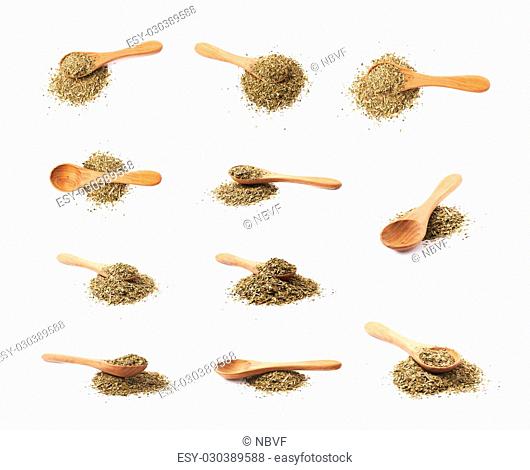 Pile of dry mate tea leaves with a wooden spoon over it, composition isolated over the white background, set of multiple different foreshortenings