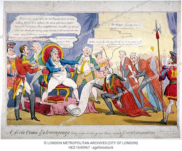 'A serio comic extravaganza..', 1820. George IV seems to be dismissing a petition from the Lord Mayor, John Thomas Thorp