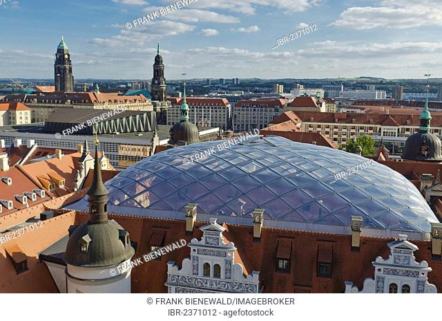 The modern aluminium glass roof construction of Dresden castle, the Residenzschloss, seen from Hausmannsturm tower, Dresden, Saxony, Germany, Europe
