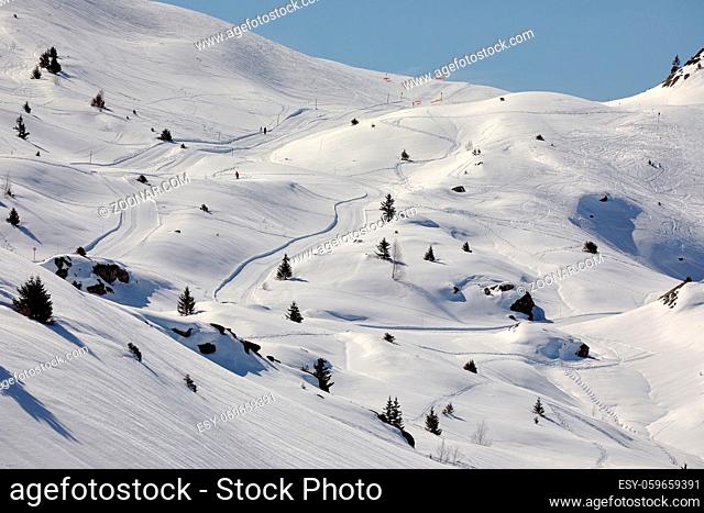 View of ski slopes in the Alps