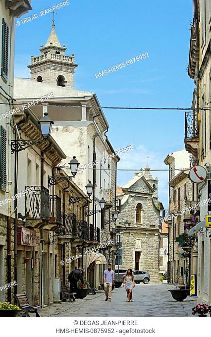 Italy, Sardinia, Olbia Tempio Province, Pausania, cobbled pedestrian street lined with buildings of granite witnessed the typical architecture of the region