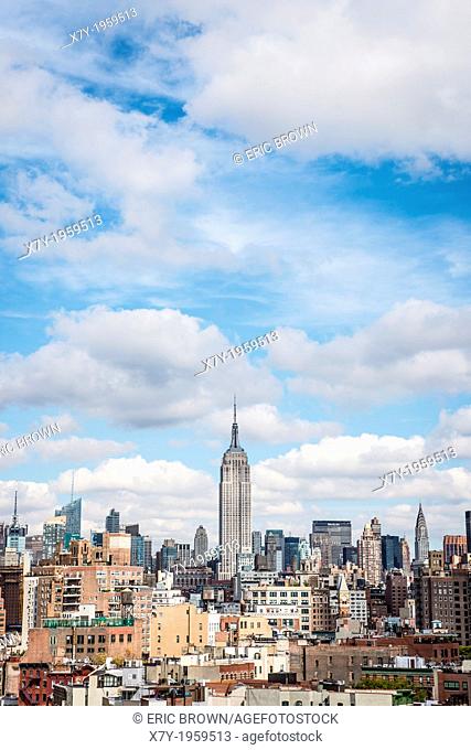 Skyline of New York City prominently featuring the Empire State Building
