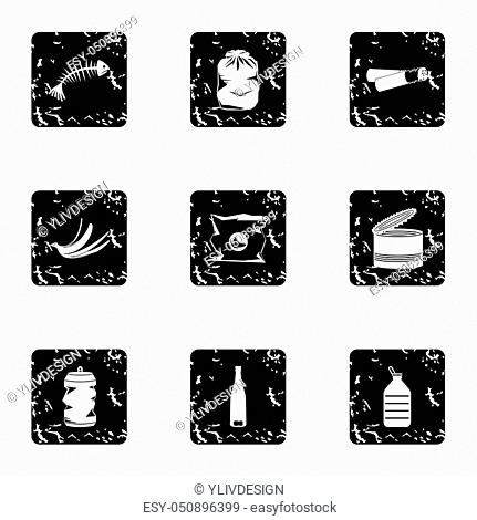 Garbage icons set. Grunge illustration of 9 garbage icons for web
