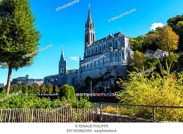 View of the basilica of Lourdes city, Pyrenees, France