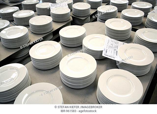 Plates in the warehouse of the crockery production, Villeroy & Boch AG Faiencerie, Merzig, Saarland, Germany, Europe