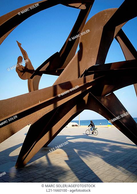 Sculpture tribute to the swimming Alfredo Lanz, Passeig Marítim, Barceloneta, Barcelona, Catalonia, Spain