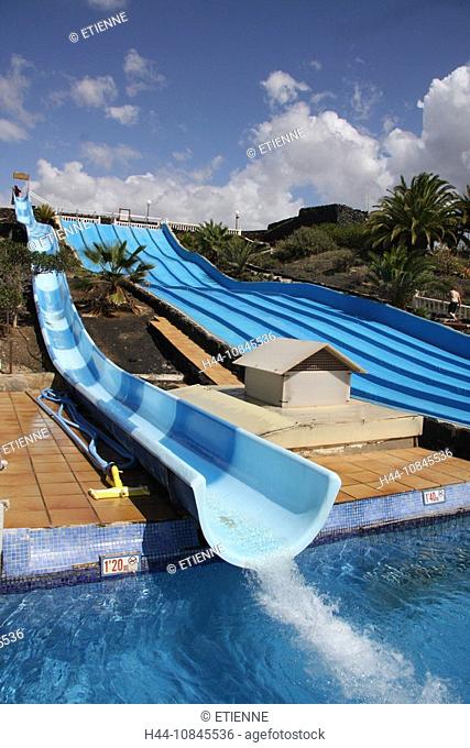 Lanzarote island, Spain, Europe, Canary islands, Costa Teguise, Aquapark, water park, water slide, sliding, girl, Outd