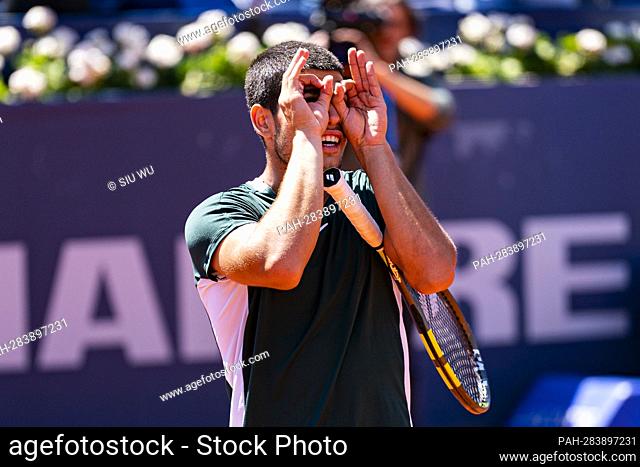 Carlos Alcaraz of Spain celebrates after winning the match against Alex de Minaur of Australia following the Barcelona Open Banc Sabadell tennis match at the...