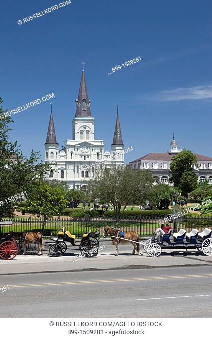 Horse Carriage Sightseeing Excursion Tours Jackson Square  French Quarter Downtown New Orleans Louisiana USA