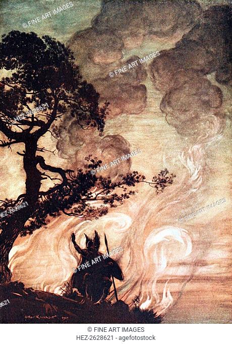 Wotan turns and looks sorrowfully back at Brünnhilde. Illustration for The Rhinegold and The Valkyr Artist: Rackham, Arthur (1867-1939)