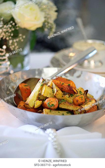 Oven-roasted root vegetables a side dish for Christmas dinner