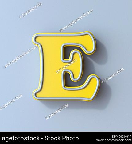 Yellow cartoon font Letter E 3D render illustration isolated on gray background