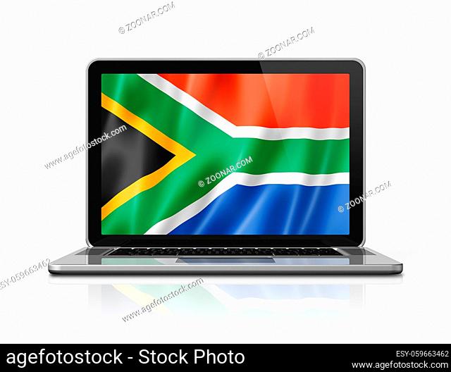 South Africa flag on laptop screen isolated on white. 3D illustration render