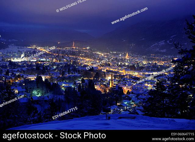 illuminated city Garmisch-Partenkirchen at cold winter night
