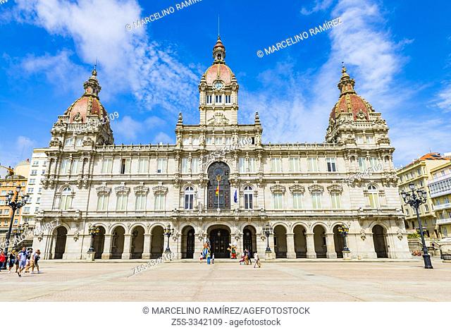 View of the Maria Pita square with its city hall building. La Coruña, Galicia, Spain, Europe