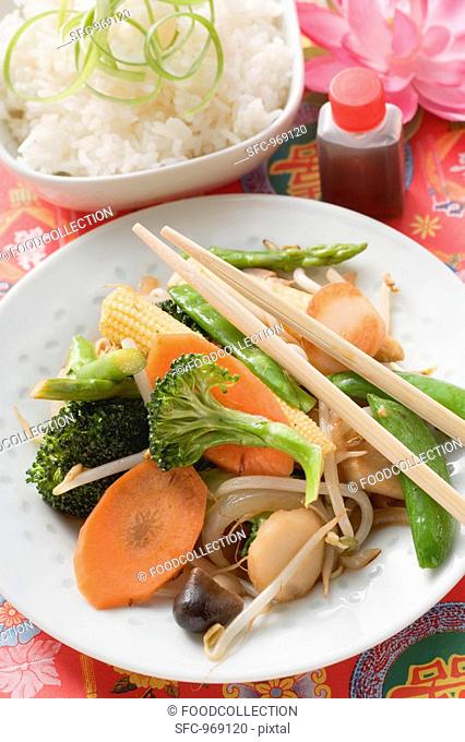 Stir-fried vegetables with rice and soy sauce Asia
