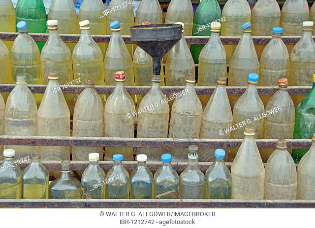 Gas station, petrol in plastic bottles, Koh Chang, Thailand, Asia