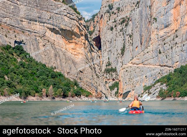 Congost de Montrebei, Catalonia, Spain : 2020 16 september : Kayak in the lake in Montrebei gorge in Catalonia, Spain in summer 2020