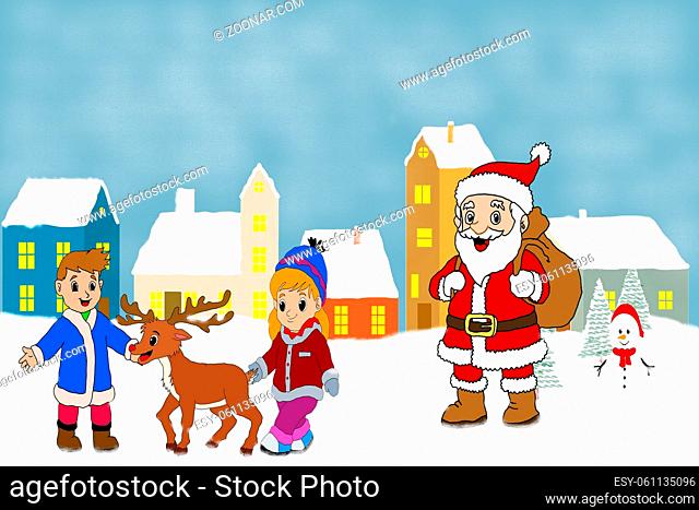 Santa Claus sleigh fly over the forest, house, snowman. Christmas card, invitation, background, design template illustration