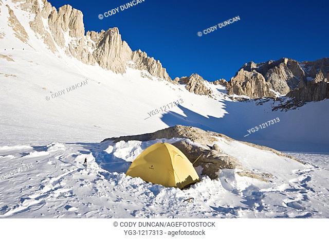 Winter campsite at Iceberg lake 12, 600 ft - 3850 m on mountaineers route on Mount Whitney, Sierra Nevada mountains, California