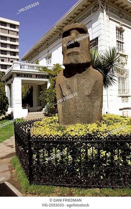 CHILE, VINA DEL MAR, 10.03.2010, One of the only two original Moai statues that are outside Easter Island. This Moai stands outside The Museo Fronck a natural...