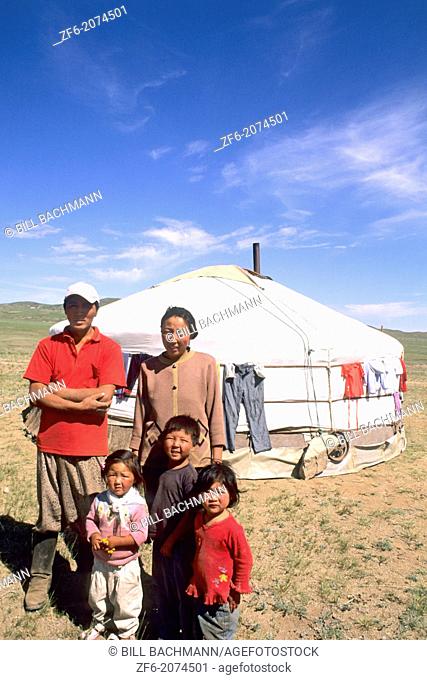 Mongolian Family by Ger in the Nomadic Country of Mongolia